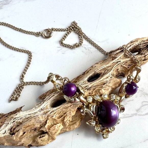 Vintage Coro Necklace, Purple Cabochon Statement Necklace, Mid Century Signed Je - Picture 7 of 8